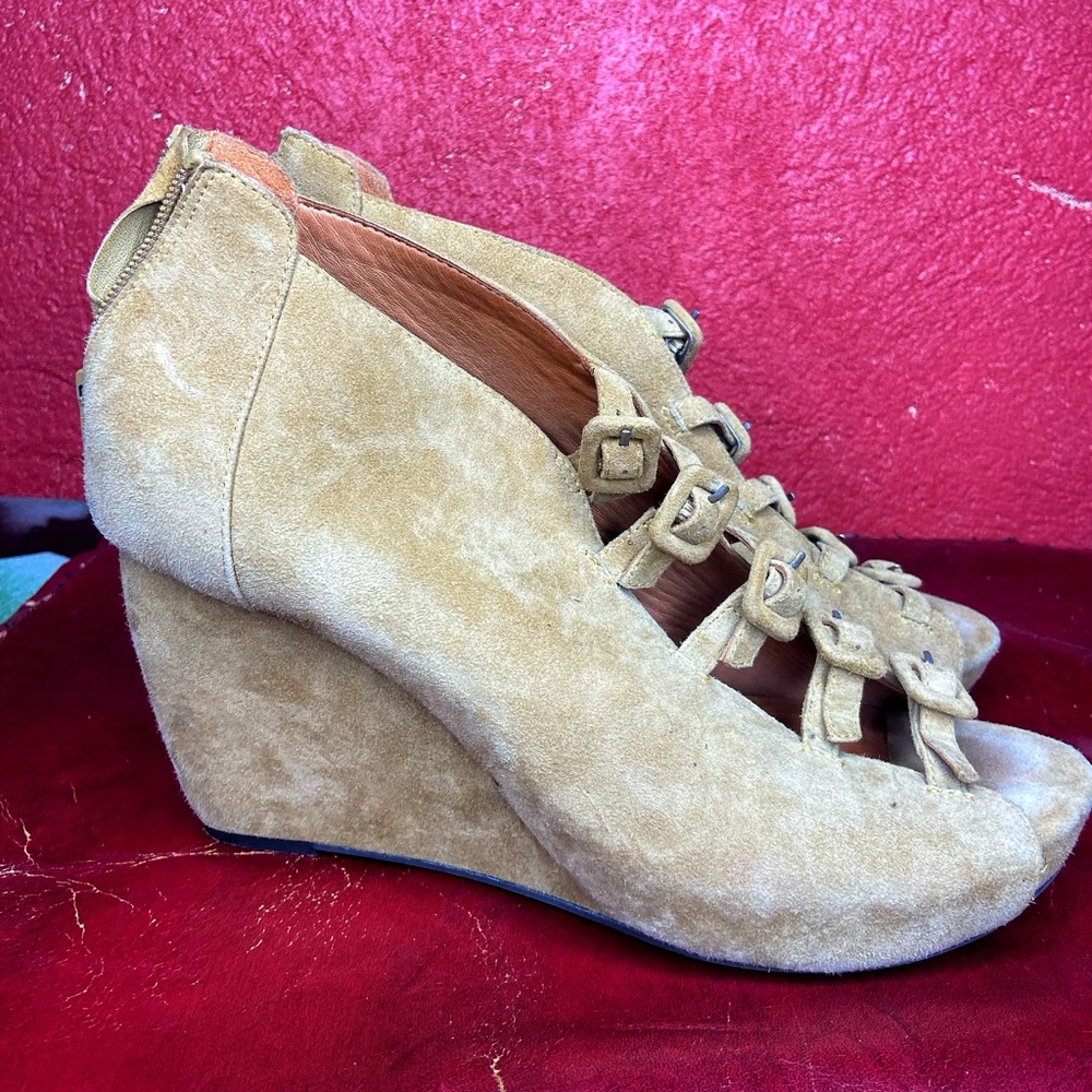Brown Suede Leather L’Amour Des Pieds Platform Buckle Wedge Sandals Size 11